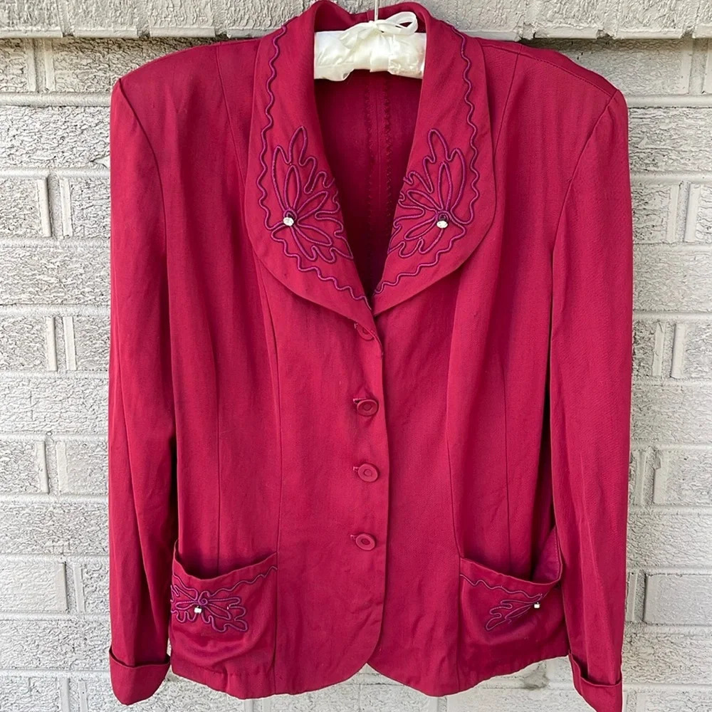 1940s Vintage Red/Maroon Suit Jacket with Purple Cord and Rhinestone Detail- L